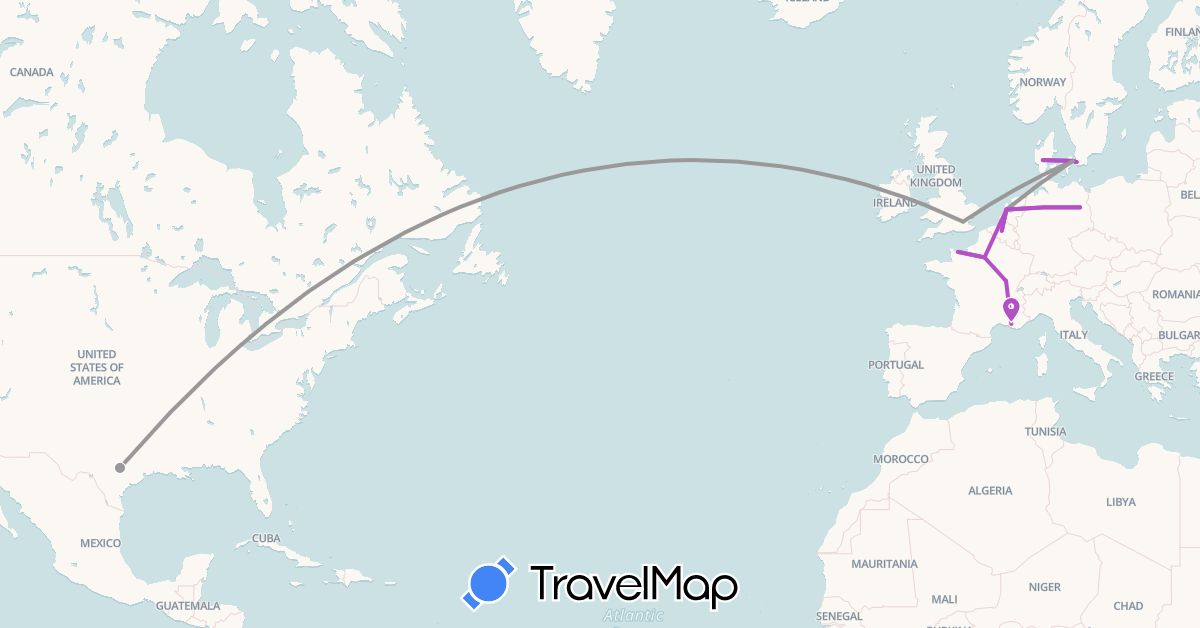 TravelMap itinerary: driving, plane, train in Belgium, Germany, Denmark, France, United Kingdom, Netherlands, Sweden, United States (Europe, North America)